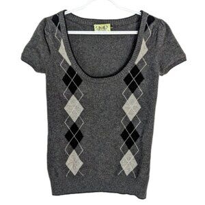 JUICY COUTURE 100% Cashmere Argyle Heart Sweater tee shirt grey Large T11
